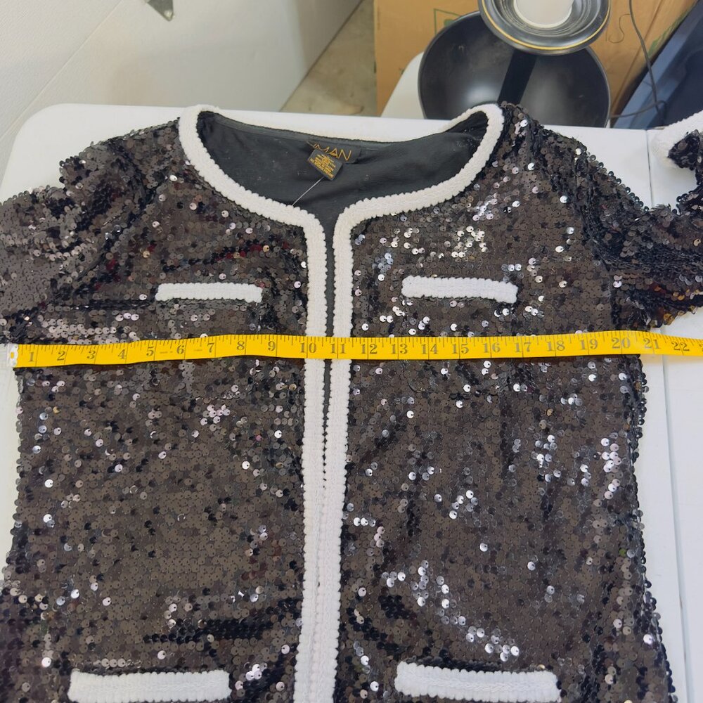 NWT Iman Black Sequin Jacket w White Trim Size L 4 Pockets - Picture 16 of 16